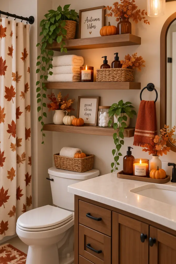 20+ Cozy Fall Bathroom Decor Ideas 10 Decorate Open Bathroom Shelves