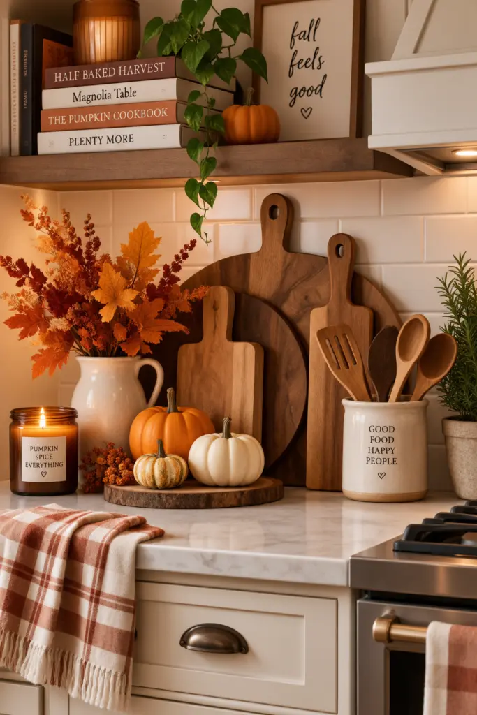 Festive Kitchen Fall Decor Ideas for a Cozy Home 12 Wooden Cutting Boards as Decor