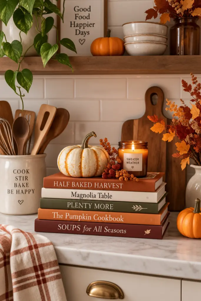 Festive Kitchen Fall Decor Ideas for a Cozy Home 11 Cozy Autumn Kitchen Cookbook Vignette