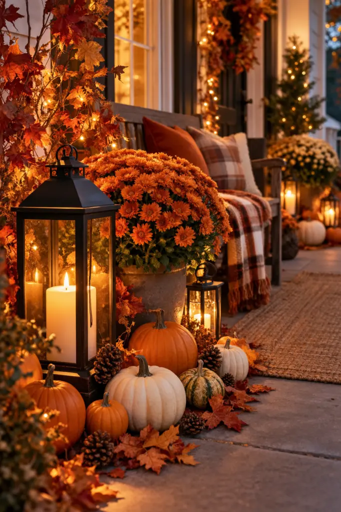 Beautiful Fall Porch Lighting Ideas In 2026 9 Mix Lanterns With Pumpkins and Mums