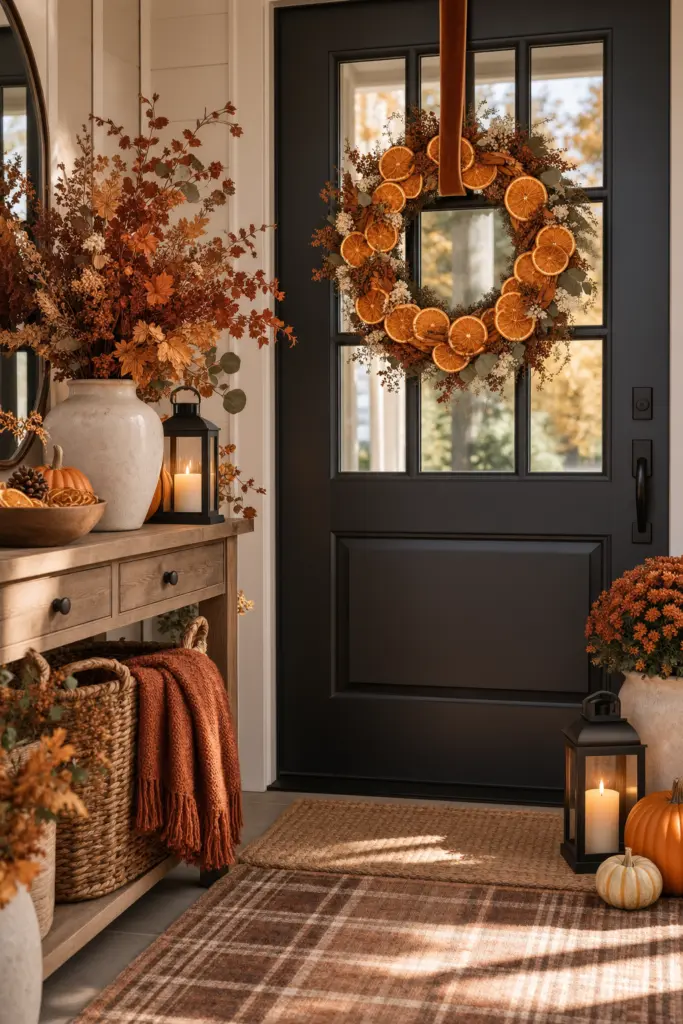 Fall Entryway Decor Ideas (Cozy & Welcoming) 6 Cozy Autumn Dried Orange Wreath Entryway