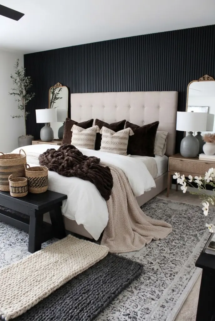 30+ Black Accent Wall Bedroom Designs For Cozy & Bold Look 23 Cozy Black Accent Wall Bedroom With Layered Textures