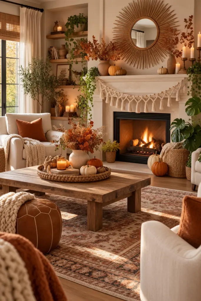 20+ Stunning Fall Boho Living Room Ideas 6 Boho Autumn Fireplace Decor