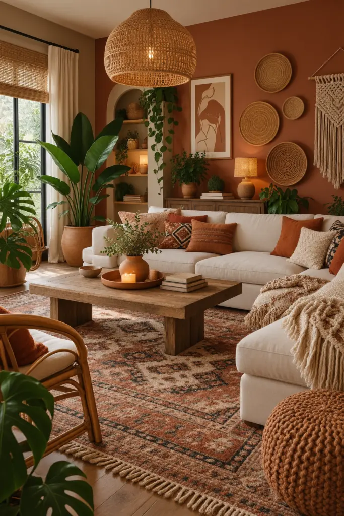 Cozy Boho Living Room with Mix Warm Terracotta with Cream