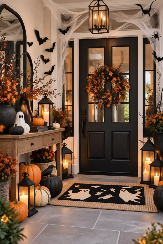 25+ Spooky Halloween Entryway Decor Ideas 15 Cozy Halloween Porch with Glowing Lanterns