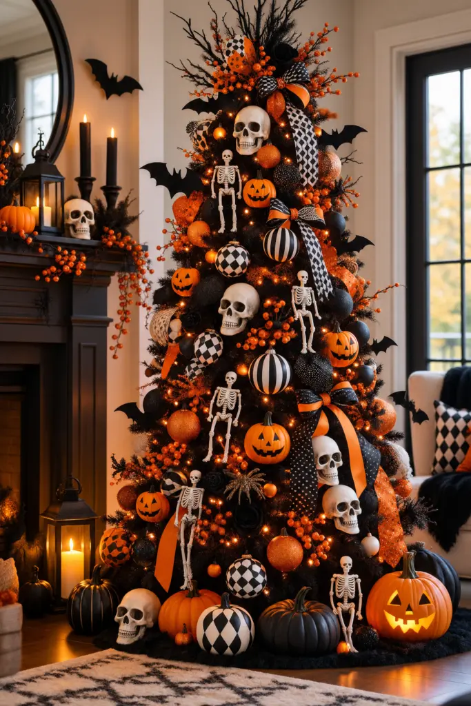 20+ DIY Halloween Tree Decorations Ideas 18 Halloween Tree With Skull and Skeleton Ornaments