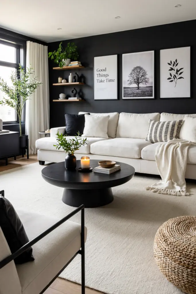 27+ Black Accent Wall living room Ideas and Designs 19 Cozy Monochrome Scandinavian Living Room