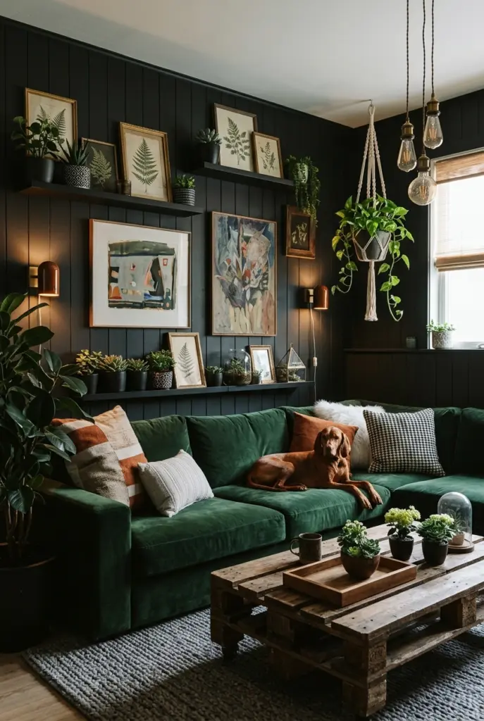 27+ Black Accent Wall living room Ideas and Designs 11 Cozy Moody Black and Green Living Room