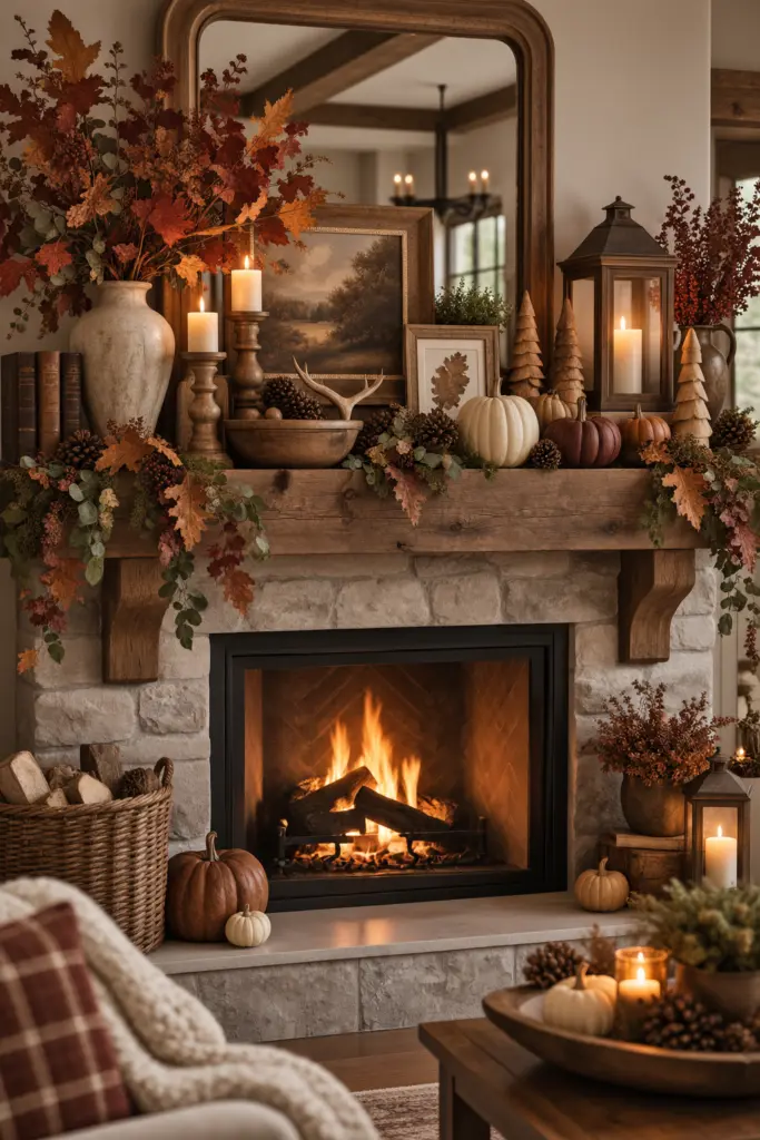 Fall Mantel Decor Ideas in 2026 18 Autumn Fireplace Decor with Warm Wood Accents