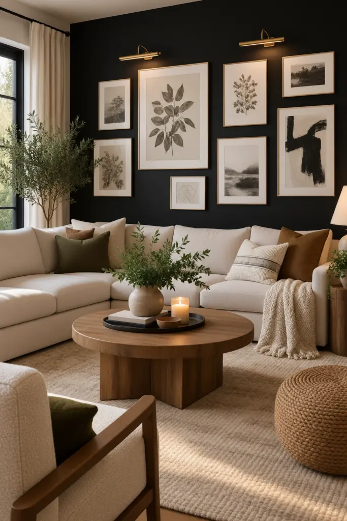 27+ Black Accent Wall living room Ideas and Designs 8 Black Accent Wall With White Art