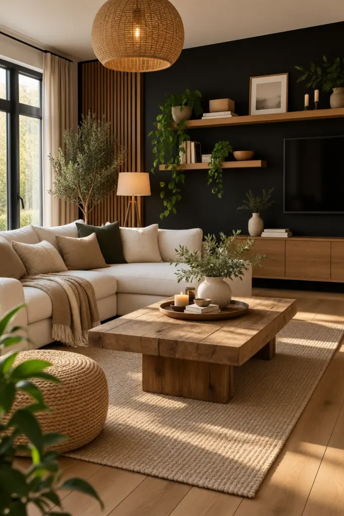 27+ Black Accent Wall living room Ideas and Designs 3 Black Accent Wall Living Room With Warm Wood