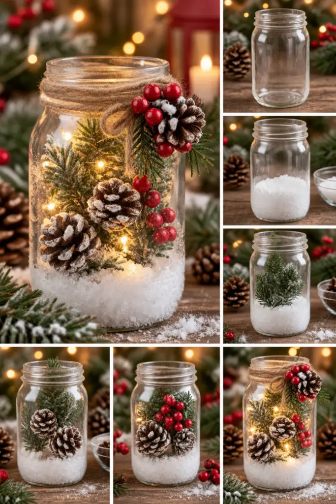 30+ DIY Christmas Mason Jar Crafts for Gifts and Decorations 6 Cozy Snowy Mason Jar Tutorial