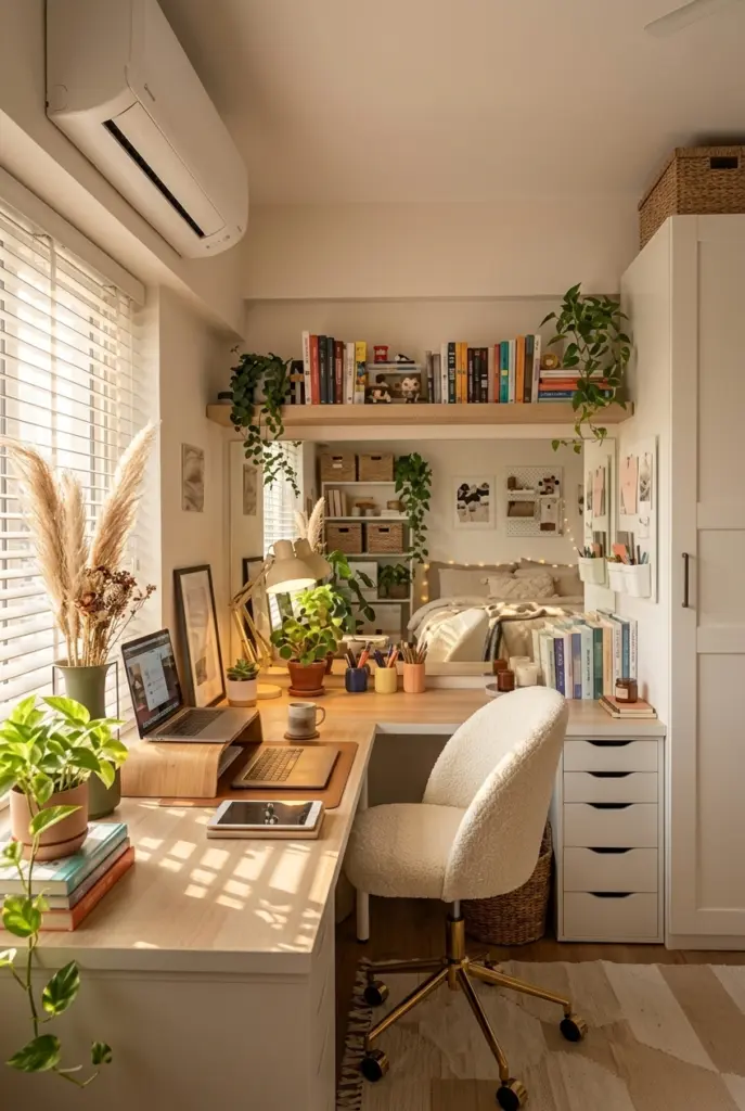 Small Teen Bedroom Desk Space with Soft Textures