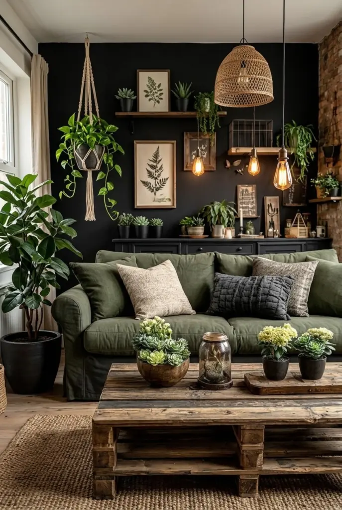 27+ Black Accent Wall living room Ideas and Designs 9 Black Accent Wall living room With Green Plants Plants