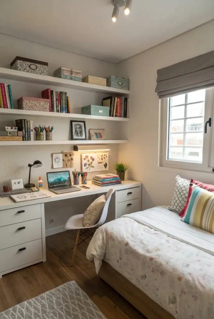  Small Teen Bedroom Desk with Open Shelves