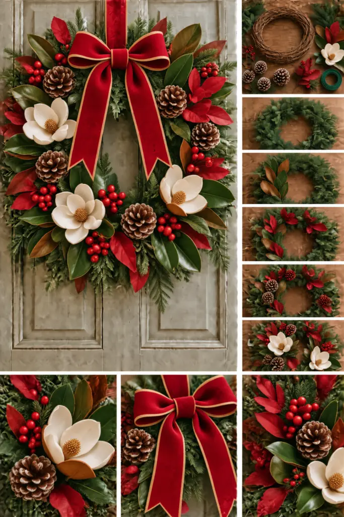 30+ DIY Christmas Wreath Ideas 31 DIY Elegant Greenery, Red Leaves, and Magnolia Wreath