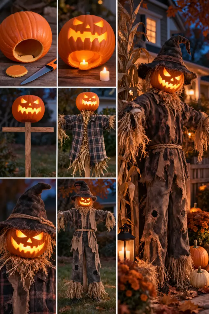 DIY Creepy Outdoor Halloween Decorations 11 Pumpkin-Head Scarecrow
