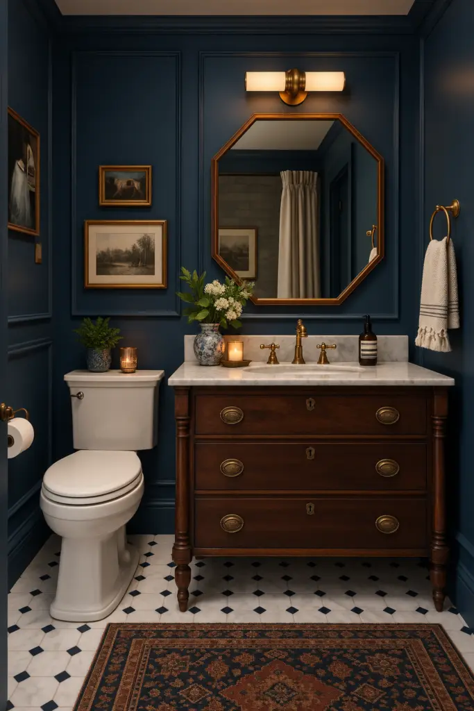 30+ Moody Bathroom Ideas for 2027 8 Dark Blue Moody Bathroom with Vintage Vanity
