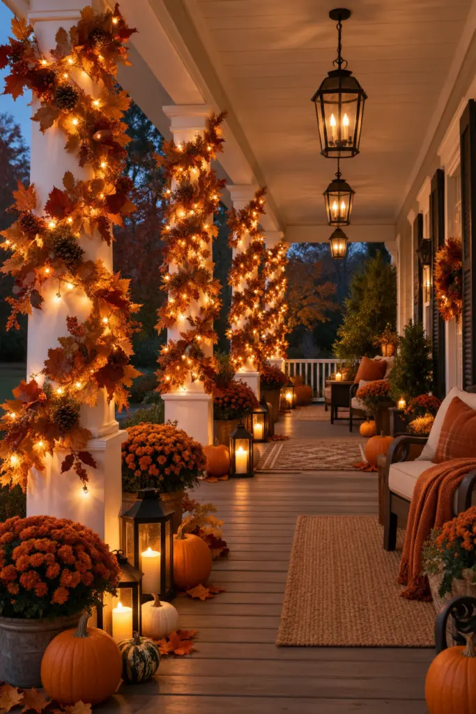 Beautiful Fall Porch Lighting Ideas In 2026 14 Decorate Columns With Autumn Lights