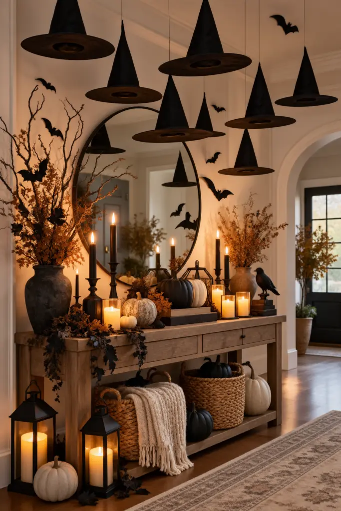 25+ Spooky Halloween Entryway Decor Ideas 4 Hang Witch Hats From the Ceiling