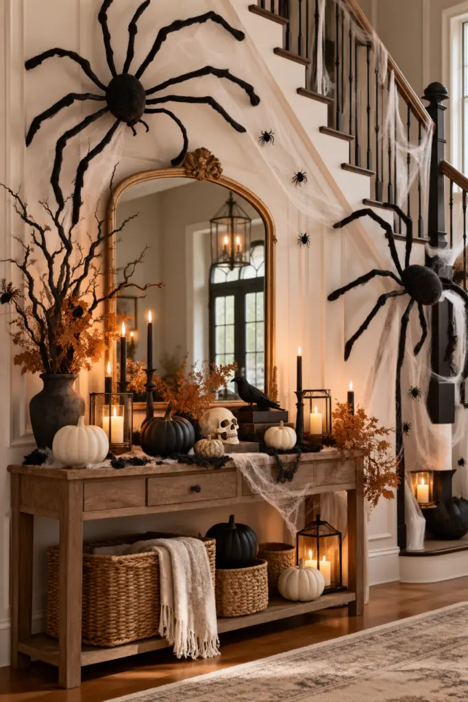 25+ Spooky Halloween Entryway Decor Ideas 6 Dramatic Halloween entryway decorated with two oversized black spiders