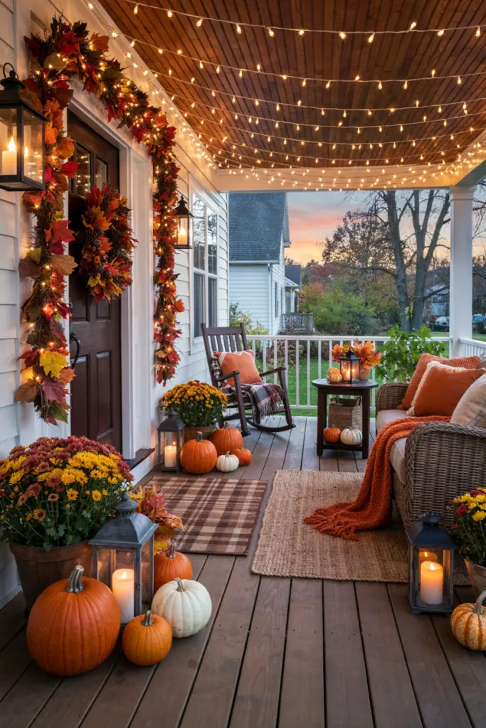 Beautiful Fall Porch Lighting Ideas In 2026 2 Drape Warm String Lights Across the Porch Ceiling