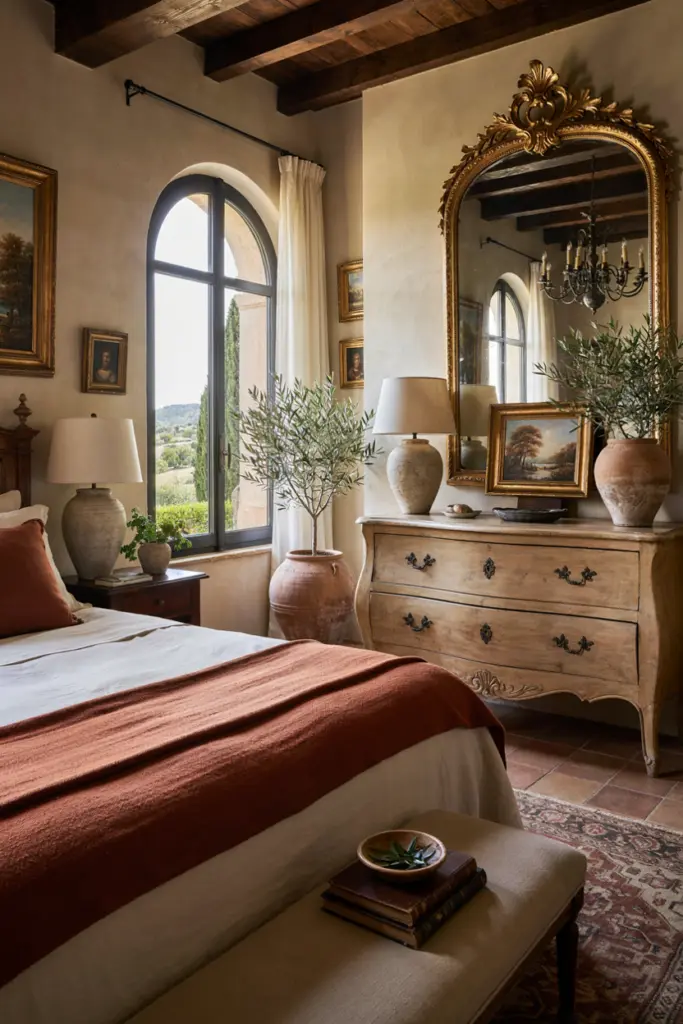Dreamy Tuscan bedroom with Antique-Style Dresser
