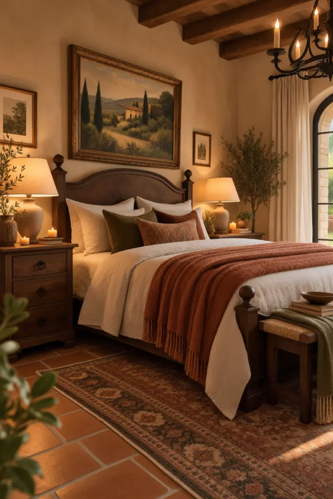 Dreamy Tuscan bedroom with s With Warm Lighting