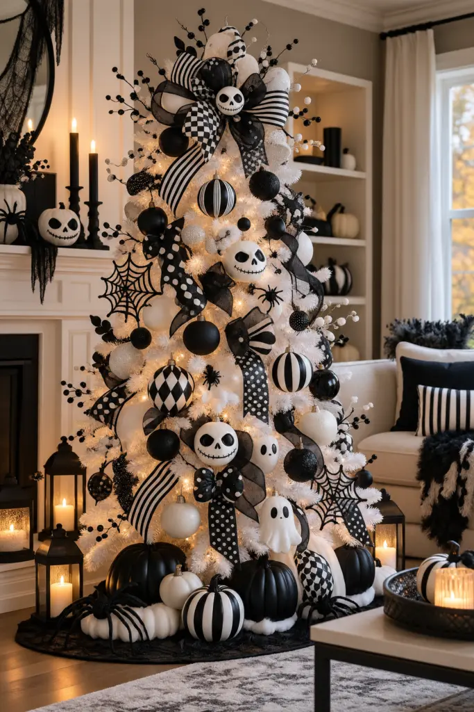 20+ DIY Halloween Tree Decorations Ideas 14 Elegant Black and White Halloween Tree