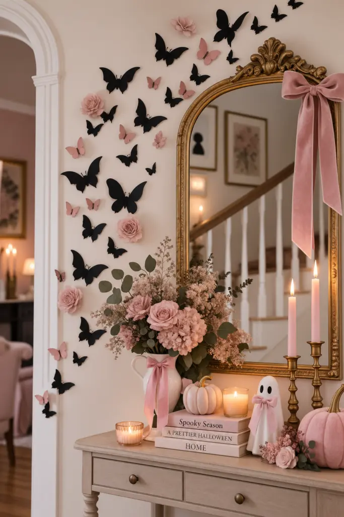 15+ Spooky & Cute Coquette Halloween Decor Ideas 9 Coquette Halloween Decor With Black Bats and Pink Butterflies