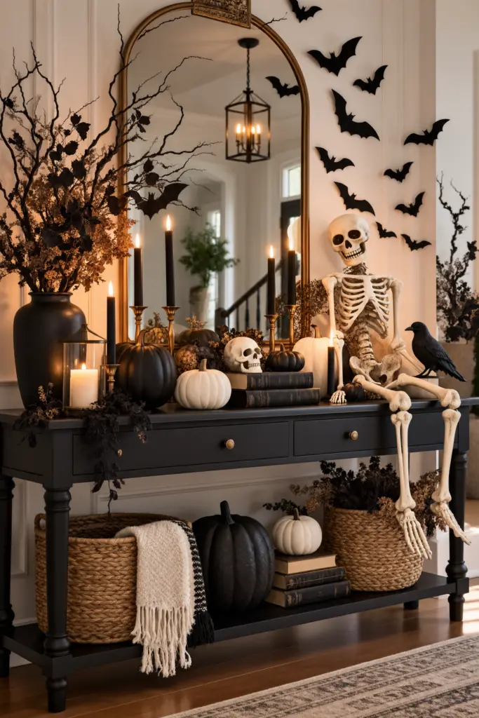 25+ Spooky Halloween Entryway Decor Ideas 8 Elegant Halloween Console with Skeleton and Bats