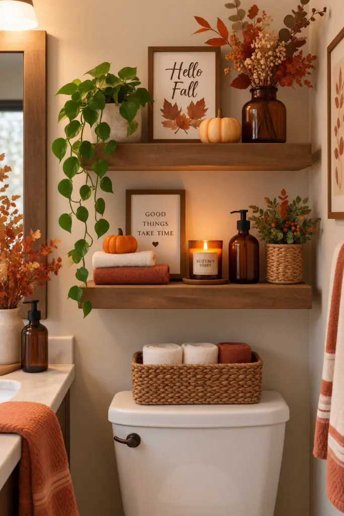 20+ Cozy Fall Bathroom Decor Ideas 17 Fall Shelf Vignette