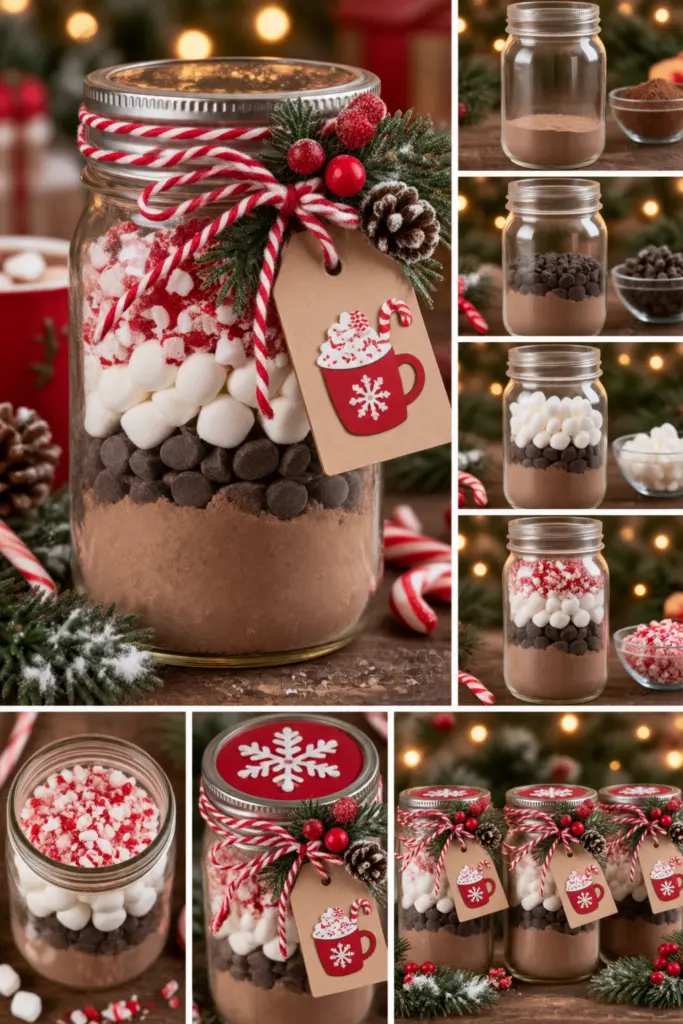 30+ DIY Christmas Mason Jar Crafts for Gifts and Decorations 11 Festive Layered Hot Cocoa Gift Jars