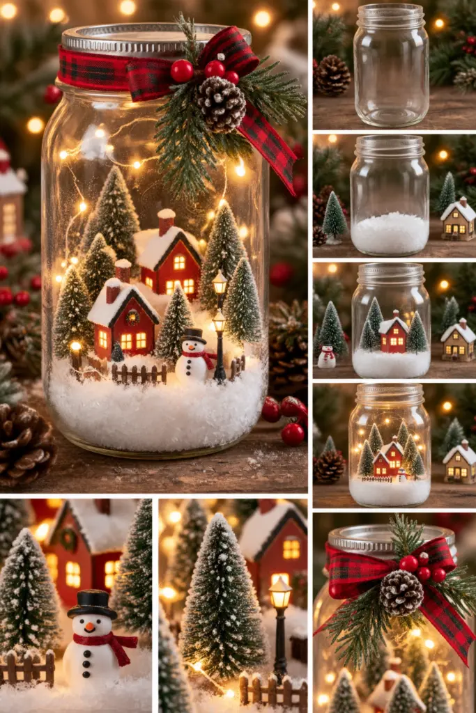 30+ DIY Christmas Mason Jar Crafts for Gifts and Decorations 8 DIY Christmas Village Mason Jar
