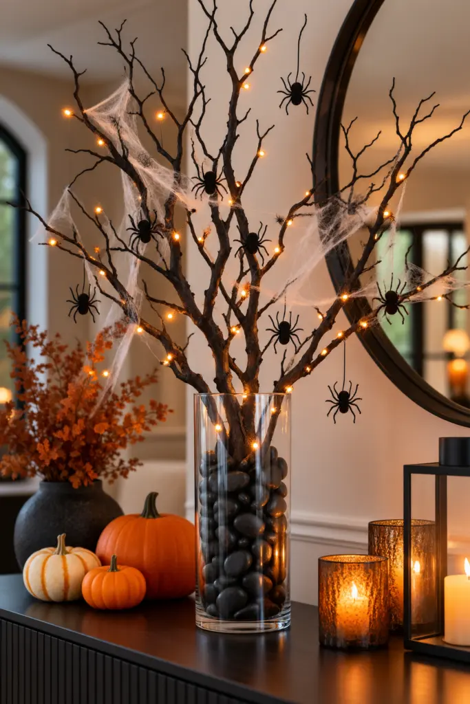 20+ DIY Halloween Tree Decorations Ideas 6 Fill a Glass Vase With Black Pebbles and Bare Branches