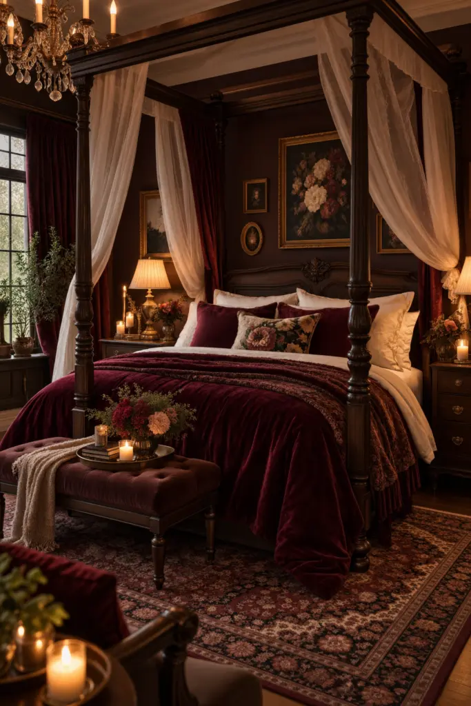 Gorgeous Moody Romantic Bedroom with Four-Poster Bed