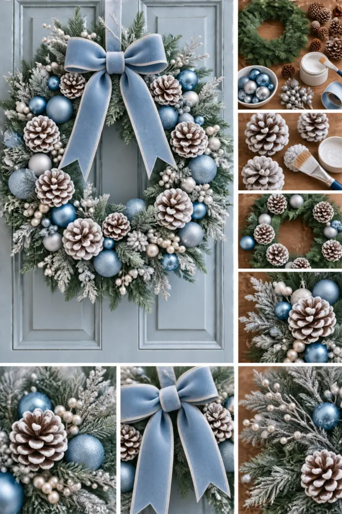 30+ DIY Christmas Wreath Ideas 27 Frosted Blue Pinecone Wreath