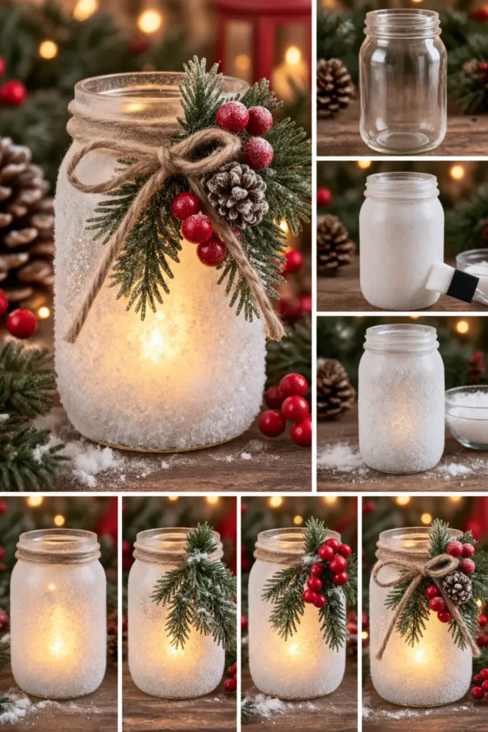 30+ DIY Christmas Mason Jar Crafts for Gifts and Decorations 9 Snow-Frosted Christmas Mason Jar Crafts