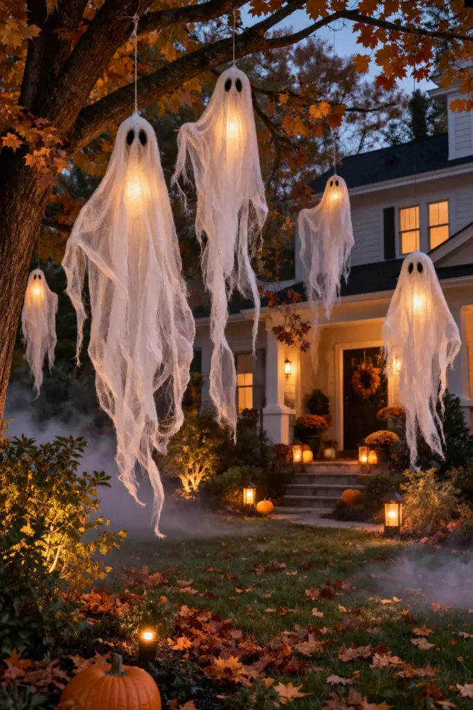 DIY Creepy Outdoor Halloween Decorations 3 Floating Cheesecloth Ghosts