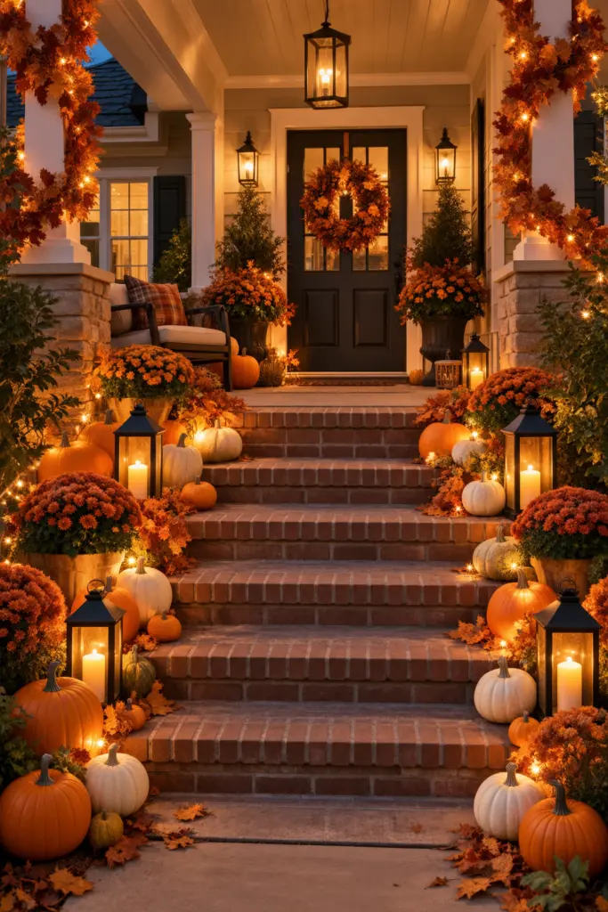 Beautiful Fall Porch Lighting Ideas In 2026 3 Create a Glowing Pumpkin Staircase