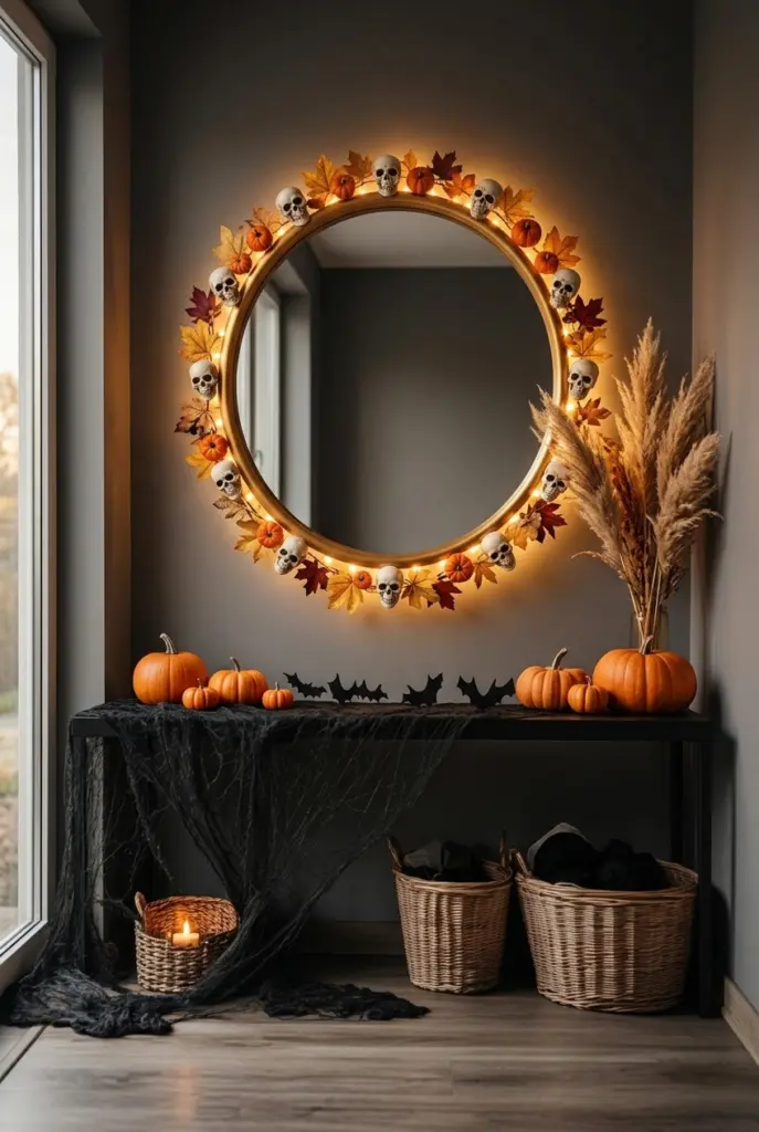 Golden Halloween Mirror with Miniature Skull Garland