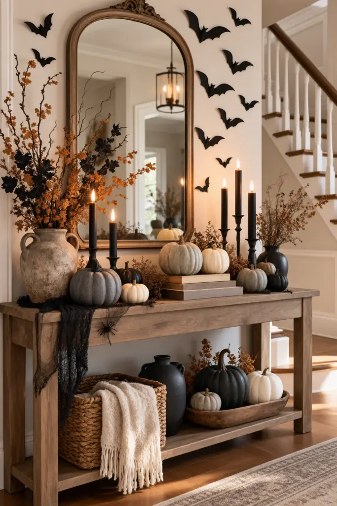 25+ Spooky Halloween Entryway Decor Ideas 3 Moody Halloween Decor with Gray Pumpkins