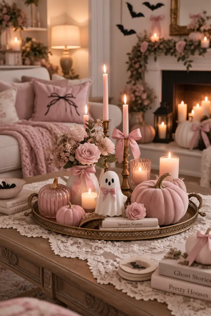 15+ Spooky & Cute Coquette Halloween Decor Ideas 8 Coffee Table with Coquette Halloween Decor