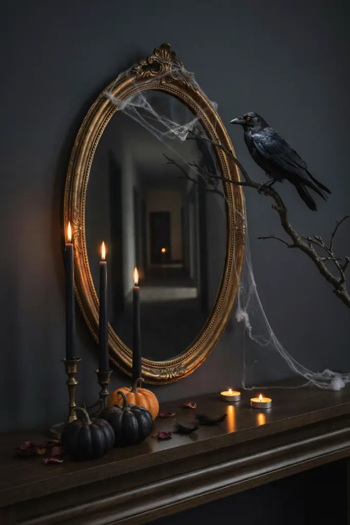Halloween Mirror Decor with a Creepy Black Crow