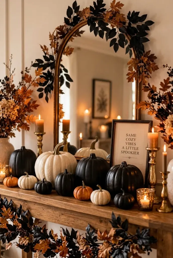 Halloween Mirror Decor with Black Pumpkins and Autumn Foliage