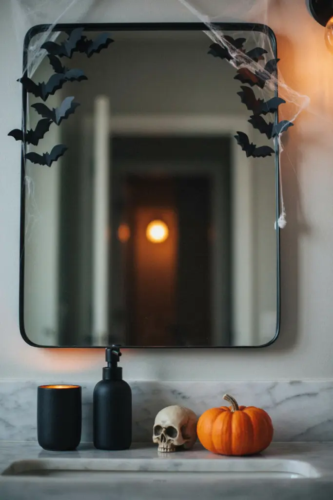 Halloween Mirror decor with Black Bats and Cobwebs