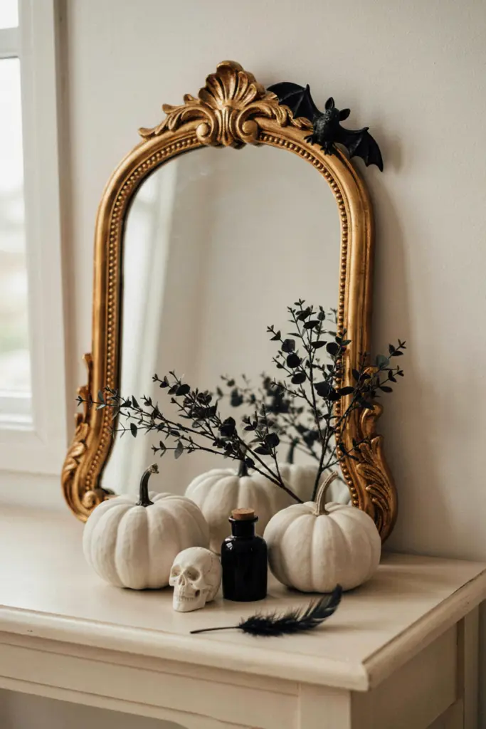 Halloween Mirror with White Pumpkins and Gothic Details