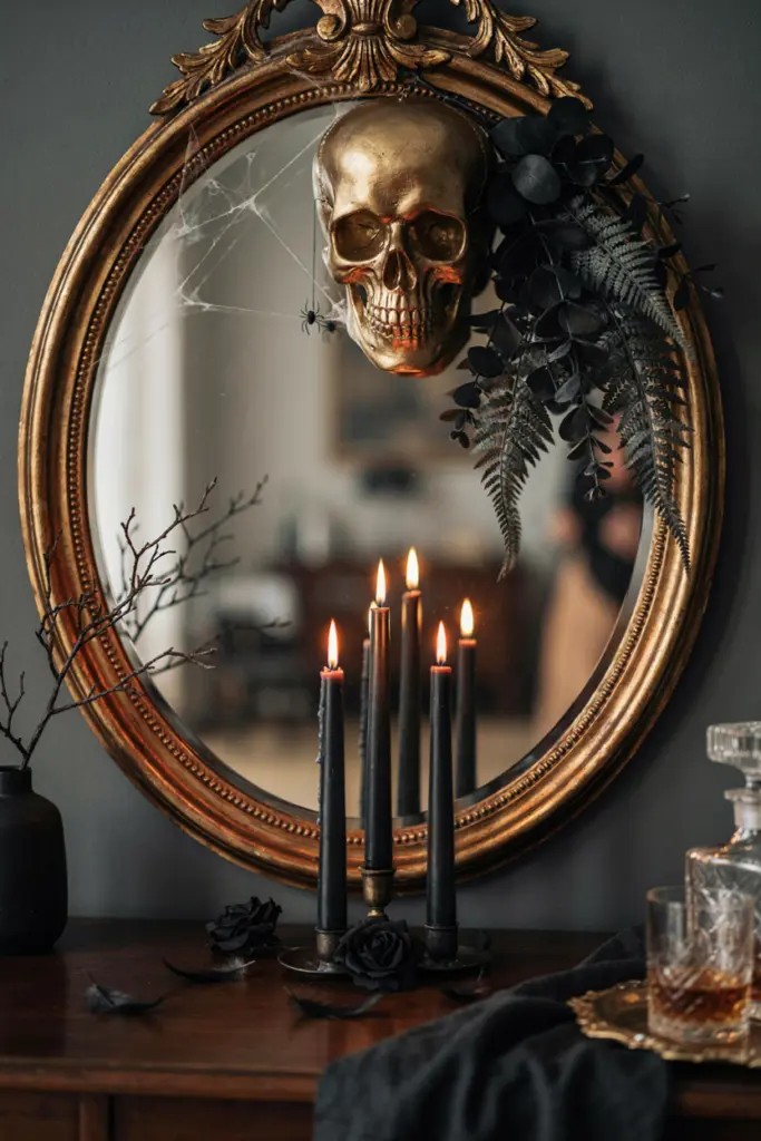 Halloween Mirror with a Skull Centerpiece