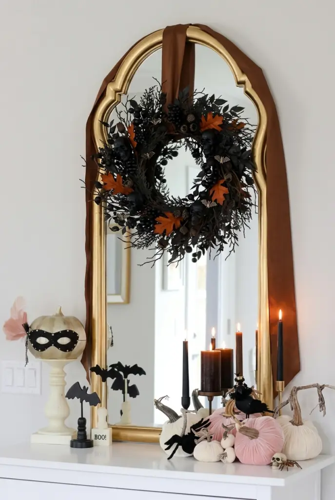 Halloween Mirror with an Elegant Black Wreath
