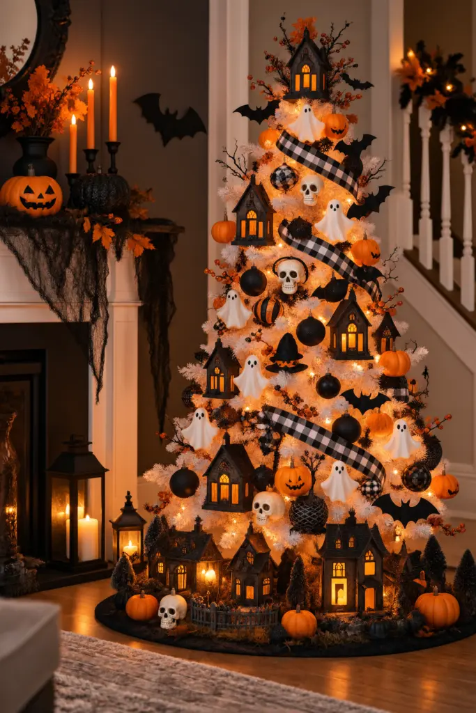 20+ DIY Halloween Tree Decorations Ideas 15 Halloween Tree With Haunted House Ornaments